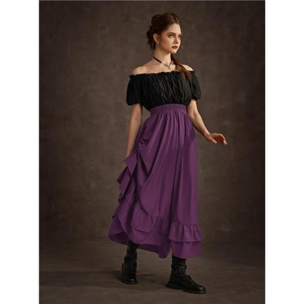 Women Renaissance Skirt Ruffle Layered Maxi Purple - Picture 3 of 6